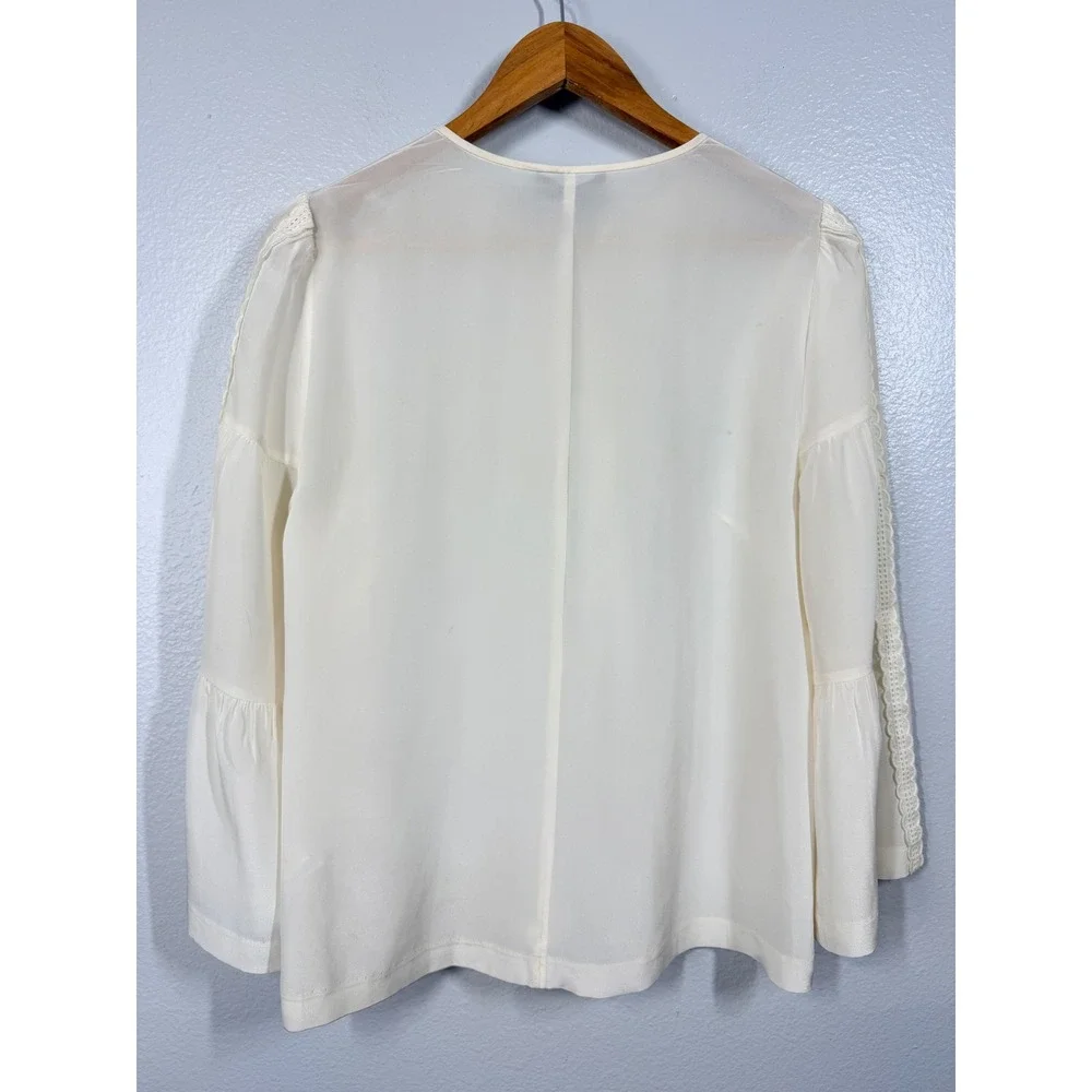 J. Crew Shirt Women's Size 6 Ivory Silk Lace Trim Bell Sleeve Feminine Classic‎